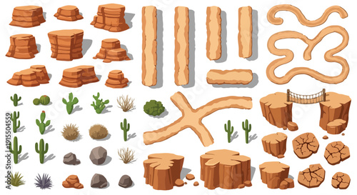 Vector desert landscape elements set with various brown rock formations, green cacti, dry bushes, and sandy paths isolated on transparent background.