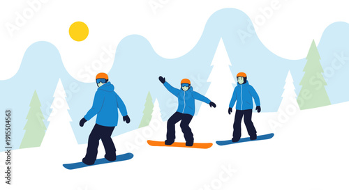 Three Snowboarders Enjoying A Sunny Day On The Slopes With Mountains And Trees