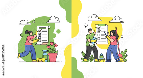 Two illustrations depict people efficiently completing spring cleaning tasks from a checklist, working individually and as a team with various cleaning supplies.