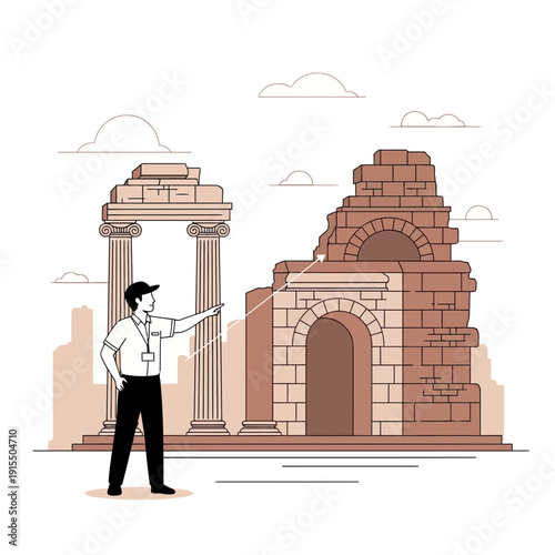 Tour Guide Explaining Ancient Ruins And Architecture To Visitors