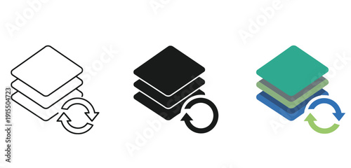 Document Icons Vector Set in Three Styles — Line Art, Silhouette and Color Version Showing Recycling Rotation Arrows in Different Styles
