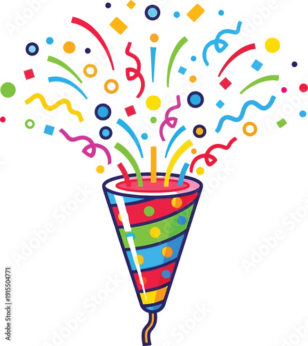 Colorful party popper with confetti and streamers