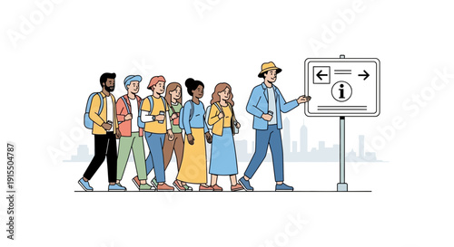 Tour Guide Leading Group And Pointing To Information Sign