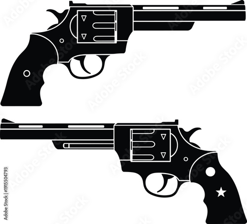 Set of Two Black Silhouette Vector Illustrations of Realistic Revolver Handguns and Pistols for Action Crime Justice and Law Enforcement Graphic Designs,