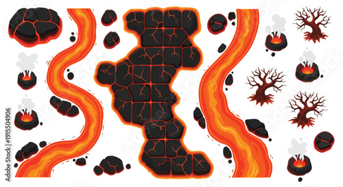 Top-down vector game assets featuring flowing orange lava rivers, cracked volcanic rock formations, smoking mini-volcanoes, and barren brown trees isolated on a transparent background.
