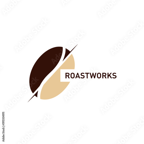 Roastworks coffee bean logo design with brown and beige elements.