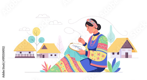 Traditional Artisan Crafting Embroidery With Rural Village Backdrop