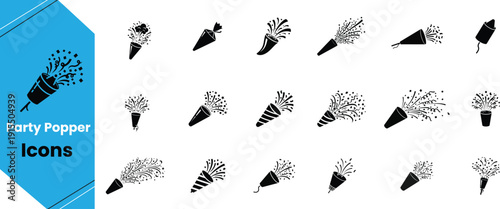 Party popper icons set for celebrations and festive events