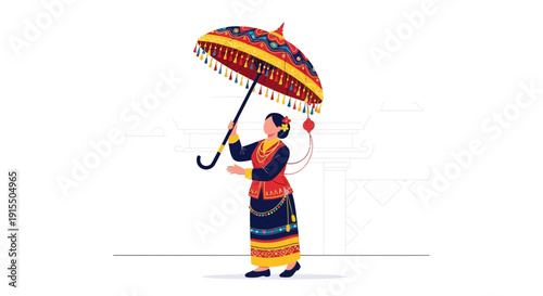Traditional Asian Woman Holding Ornate Festive Umbrella And Wearing Vibrant Ethnic Clothing