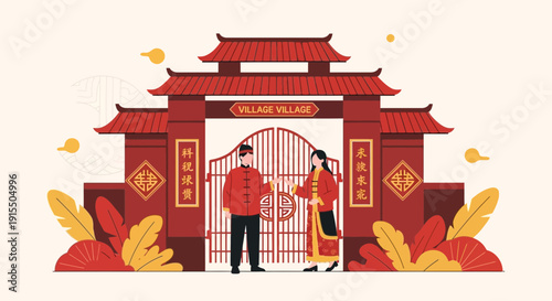 Traditional Chinese Village Gate Welcoming Visitors In Vibrant Red Attire