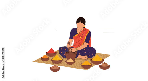 Traditional Indian Woman Grinding Spices With Mortar Pestle Surrounded By Colorful Powders