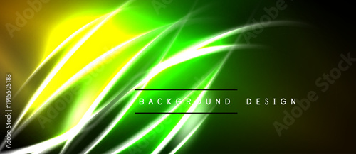 Abstract neon lines create vibrant green, yellow glow. Dark background emphasizes bright energy, modern design elements.