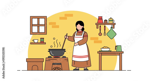Traditional Kitchen Scene With Woman Cooking Over Fireplace