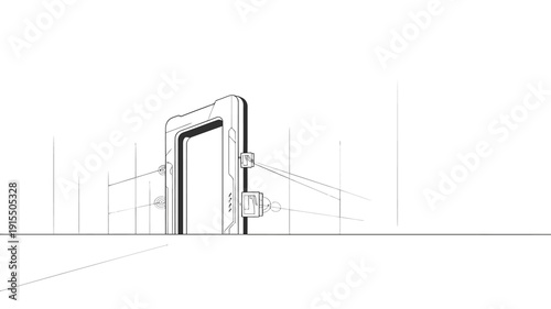 Minimalist illustration of a smartphone with projected lines and geometric shapes