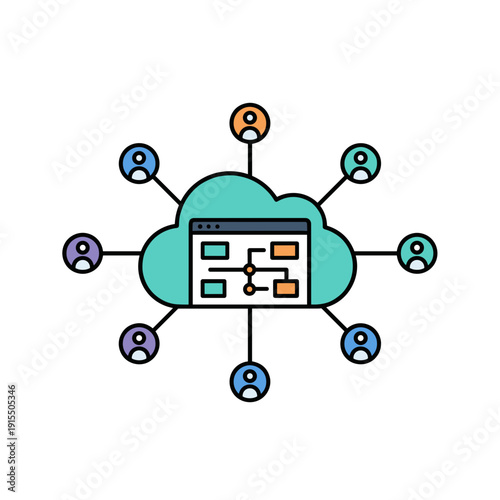 Cloud saas platform connecting users to centralized dashboard interface, online collaboration and data management technology concept