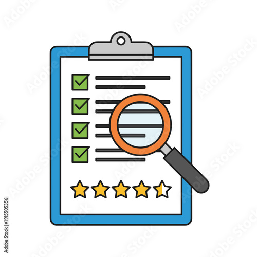 Checklist clipboard with magnifying glass and five star rating, professional skills assessment and quality evaluation concept