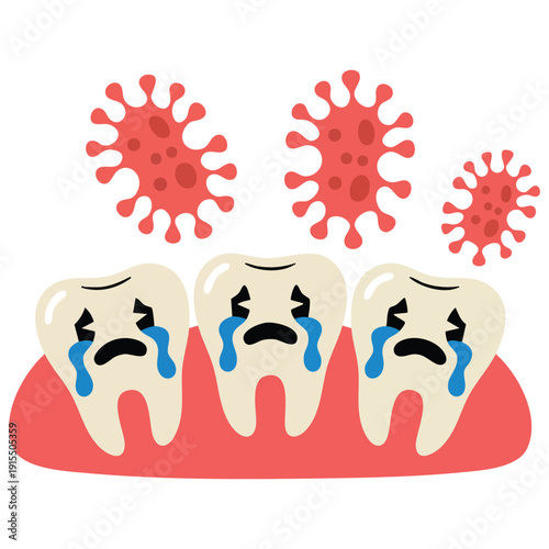 Dental Cavity Problem Represented by a Sad Tooth with Microscopic Bugs Flat Design