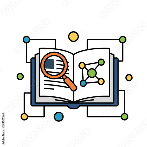 Open book with magnifying glass and connected data nodes, smart knowledge base search and information retrieval technology concept