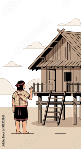 Traditional Stilt House With Person In Rural Asian Village Scene Illustration