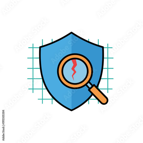 Cybersecurity shield with magnifying glass detecting system vulnerability on grid background, digital protection and risk analysis concept Cybersecurity risk detection concept
