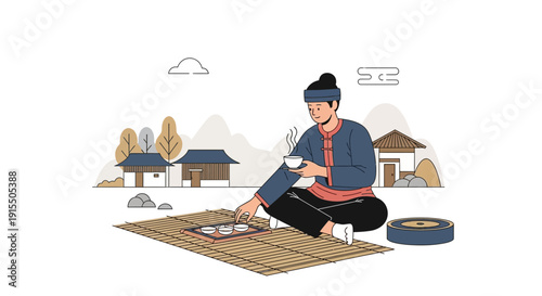 Traditional Tea Ceremony Scene With Person And Village Background