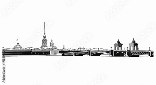 Black and white silhouette of a grand cityscape with a prominent spire and ornate bridges