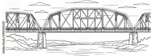 Black and white drawing of a multi-span truss bridge over a river