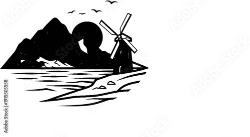 Black and white silhouette of mountains, sun, windmill, and water