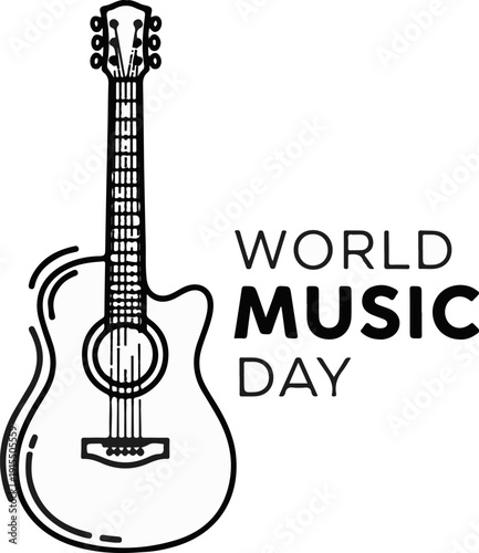 Black and white illustration of an acoustic guitar and text for World Music Day