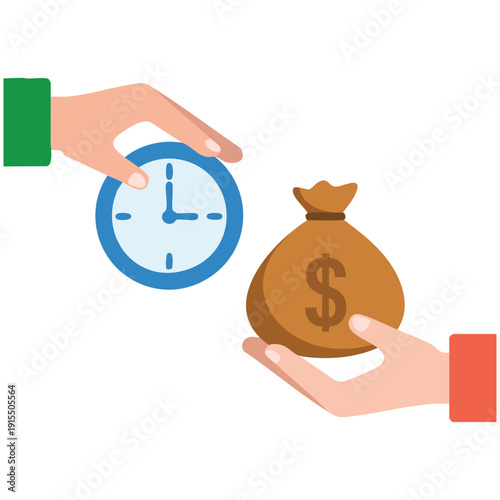 Time is Money Concept with Hand Holding Clock and Bag of Cash for Salary Exchange