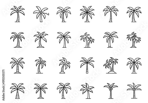 Collection of Stylized Line Art Palm Tree Icons for Tropical and Exotic Themes Isolated on White Background