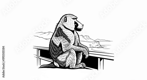 Black and white sketch of a baboon perched on a railing overlooking a scenic landscape