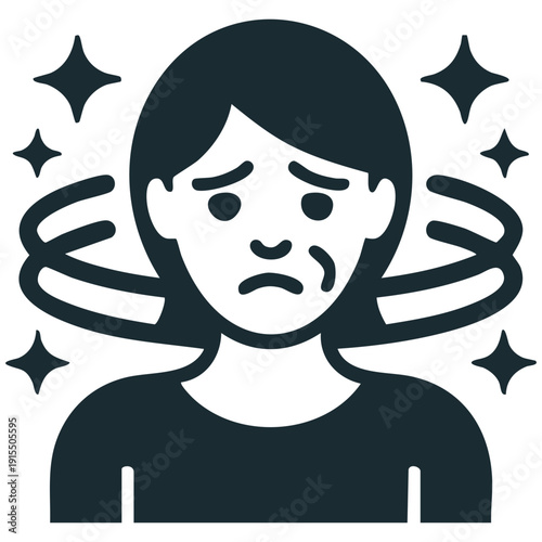 Ill Woman Feeling Dizzy with Spiral Eyes and Swirling Lines Vertigo Symptom