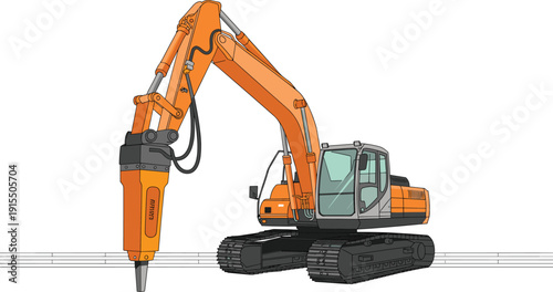 Hydraulic excavator with breaker hammer attachment for demolition work, heavy construction machinery for rock breaking and excavation, isolated industrial equipment illustration on white background.