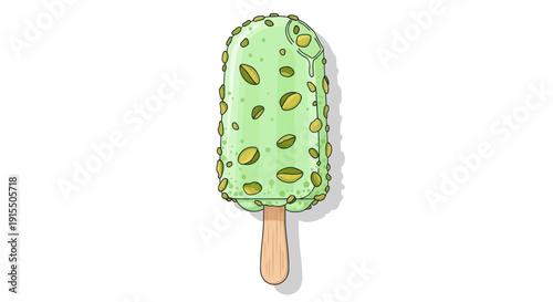 Cartoon Green Pistachio Ice Cream Bar on Stick.