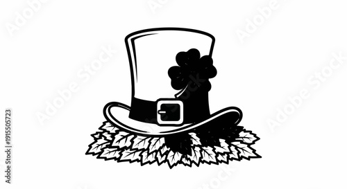 Black and white drawing of a top hat adorned with a shamrock, resting on foliage