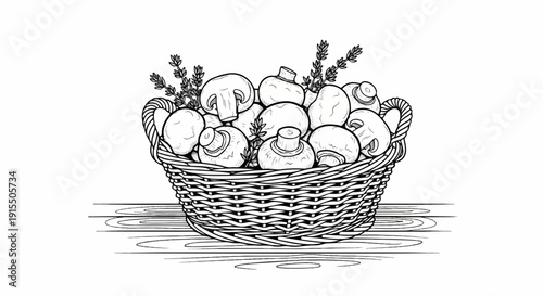 Black and white illustration of a woven basket overflowing with mushrooms and sprigs of herbs