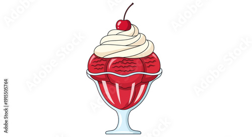 Delicious Red Ice Cream Sundae with Whipped Cream and Cherry Topping.