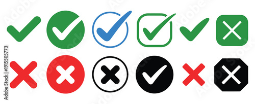 Green Check Mark and Red Cross Mark Icon Set, Isolated Tick Symbols, Checklist Signs, and Approval Badges for UI Design, Task Management, and Vector Illustration.