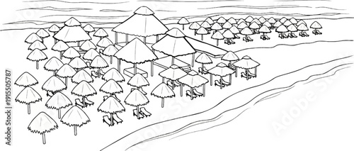 Beach resort with thatched umbrellas and lounge chairs by the ocean