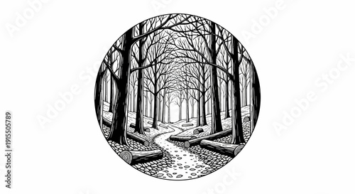 Black and white illustration of a woodland path winding through bare trees