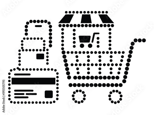 Collection of dotted icons showing payment methods and mobile shopping stall with wheels for online marketplace concept representation
