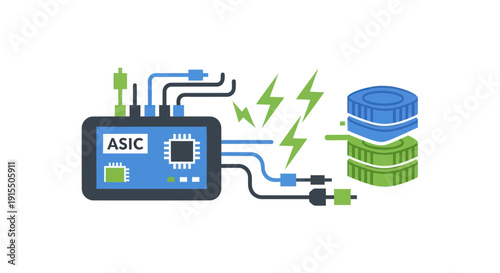 Vector illustration of an ASIC device with a microchip processing data and connecting to a server database.