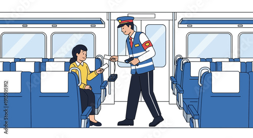 Train Conductor Checks Tickets On Passenger Inside Modern Passenger Carriage