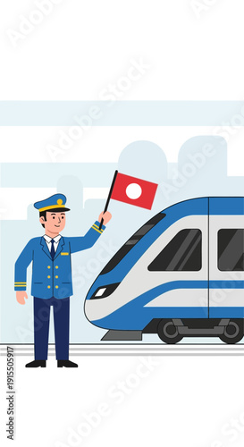 Train Conductor Signaling Departure Next To Modern High-Speed Passenger Train