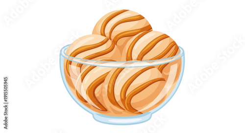 Delicious Caramel Swirl Ice Cream Scoops in a Glass Bowl.