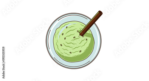 Creamy Green Matcha Dessert with Cinnamon Stick Garnish.
