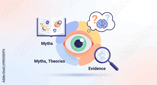 An eye observes myths, theories, and evidence with a brain in a thought bubble