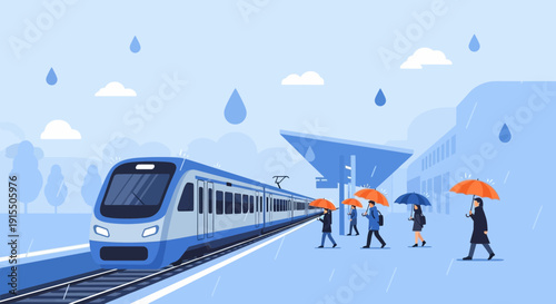 Train Station Arrival In Rainy Weather With Commuters Holding Umbrellas