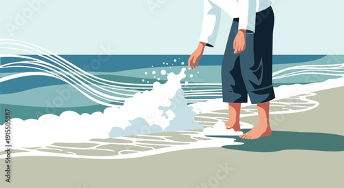 Tranquil Beach Scene Person Touches Gentle Ocean Waves